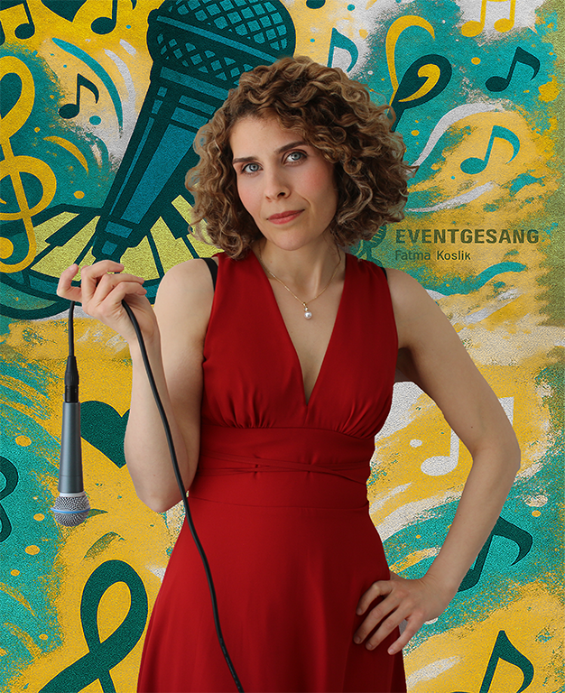 Fatma Koslik in rotem Kleid mit Mikrofon vor einem musikalischen Streetart-Hintergrund – Eventgesang